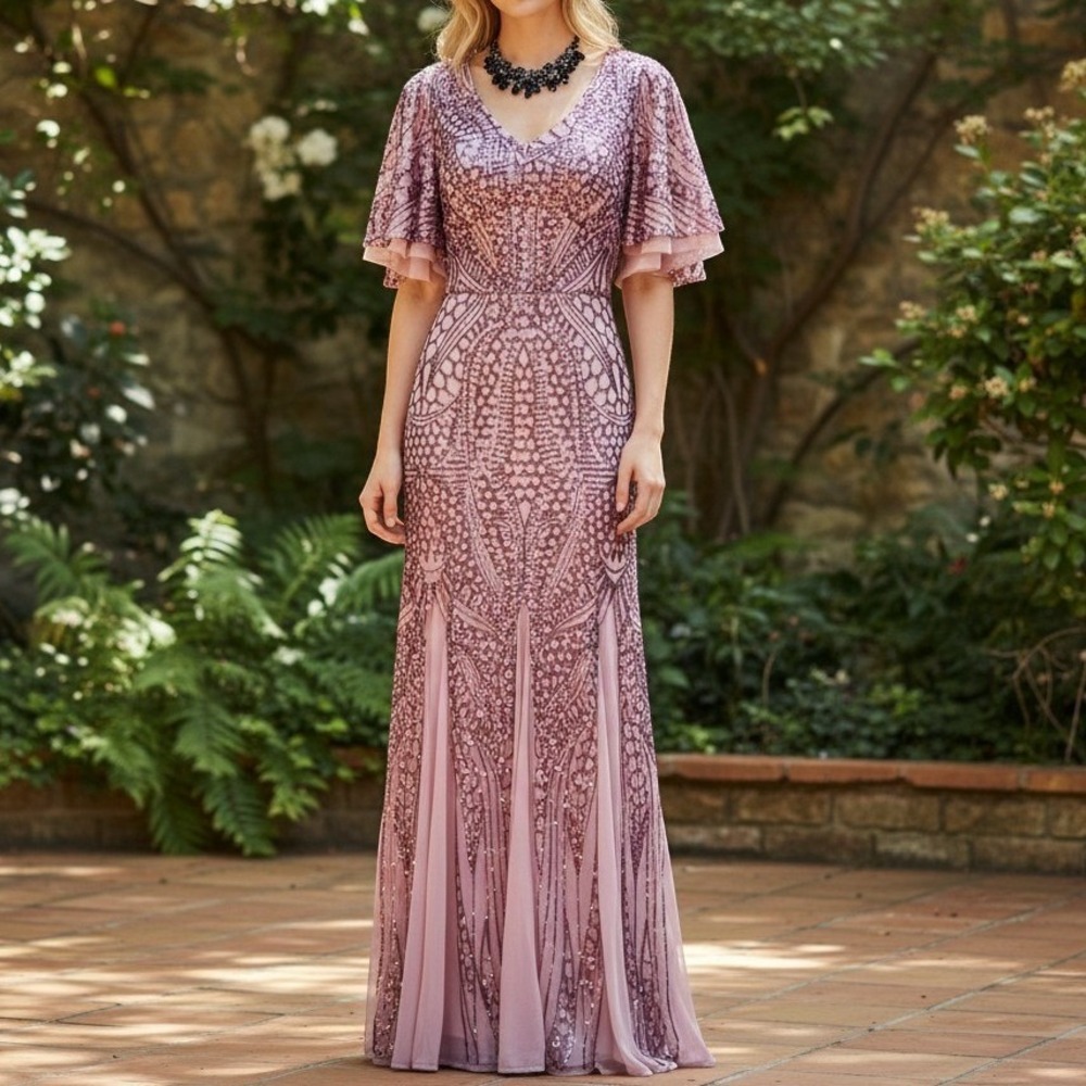 Nightway Dress 6 Pink Rose Gold Sequin Geometric Flutter Sleeve Maxi Gown 3941